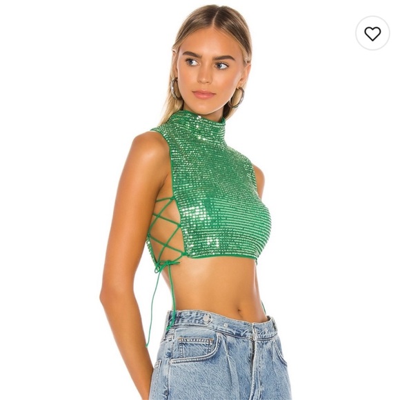 h:ours Tops - H:ours 21 Crop Top Revolve Green Sequins Top with side lace up closure